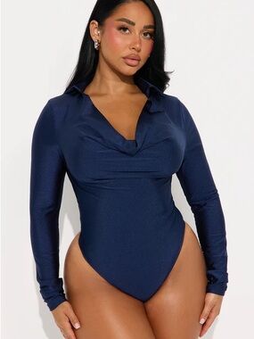 Fashion Nova Navy Long Sleeve Collared Bodysuit